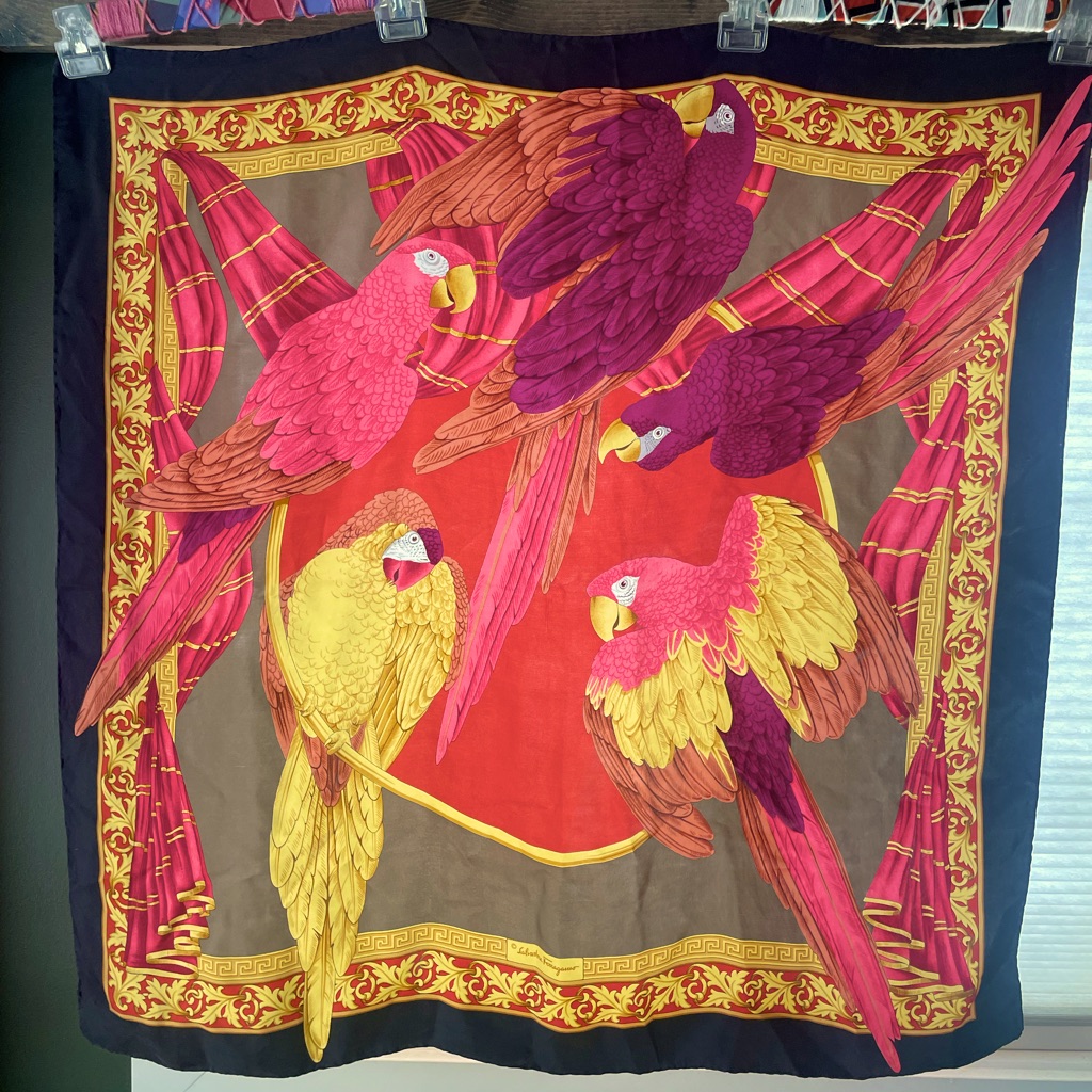 Rare Vintage Salvatore Ferragamo Silk Scarf, Parrot Tropical Bird Theme